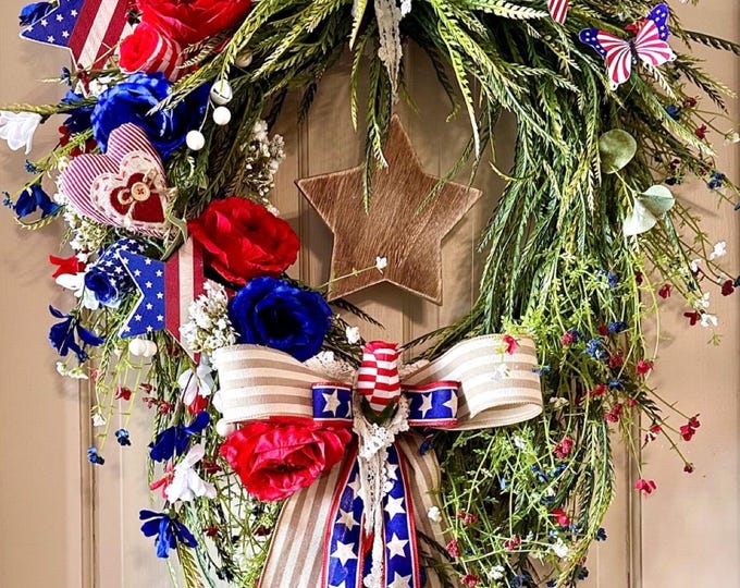 Patriotic wreath, veteran wreath, wreaths for front door, stars and stripes wreath for front door, memorial daylabor day wreath.