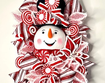 Snowman Wreath for Christmas | Winter Door Wreath | Christmas Snowman Wreath | Snowman Peppermint Christmas Swag | Holiday Door baubles