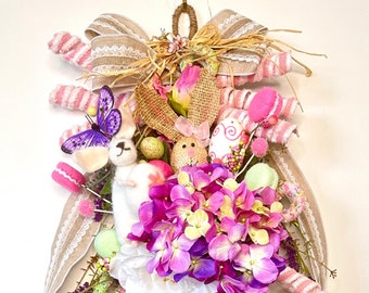 Easter Swag, Spring Bunny Wreaths, pink easter swag, purple wreaths for front doors, country cottage wreaths, Easter Candy and sprinkles