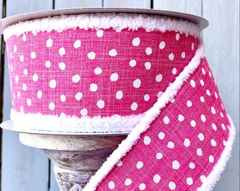 Farrisilk Ribbon, pink dot ribbon, pink ribbon, pink ribbon, polka dot Linen Ribbon, Wreath Supplies, 2.5” ribbon, chenille edge ribbon