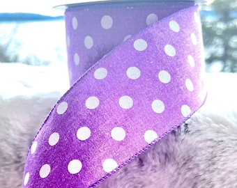 Purple Polka Dot Ribbon, purple dots ribbon, Wired Ribbon, Linen Ribbon, holiday ribbon, Wreath Supplies