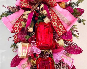 Christmas Winter Wreath, pink Christmas Swag, Jeweled wreath, Lantern Wreath, Hot Pink Wreath.