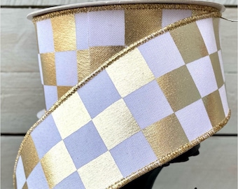Foil Checks Platinum ribbon.   2.5” Checkered ribbon, Luxury Ribbon, white and platinum ribbon, Wreath Supplies, foil ribbon