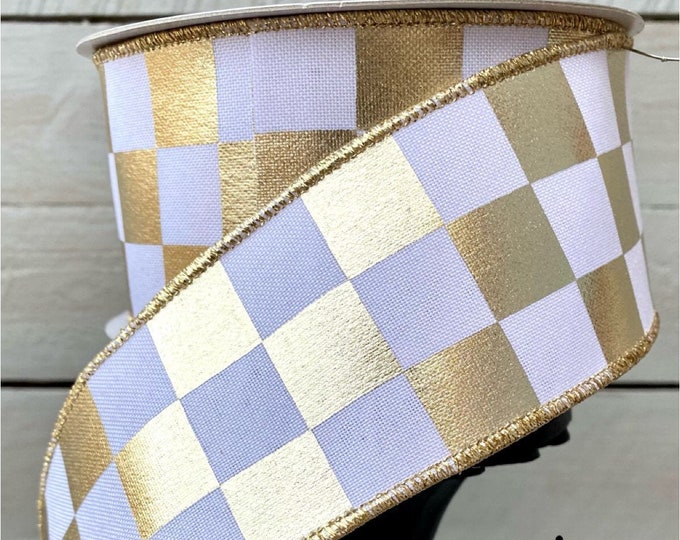 Foil Checks Platinum ribbon.   2.5” Checkered ribbon, Luxury Ribbon, white and platinum ribbon, Wreath Supplies, foil ribbon