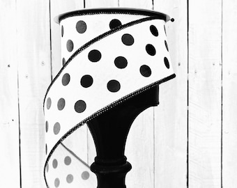 Polka Dot ribbon, Wired Ribbon, Luxury Ribbon, white and black ribbon, Wreath Supplies, foil ribbon, vinyl ribbon