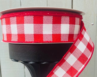 Red Gingham ribbon 1.5” Gingham ribbon, Wired Ribbon, Farmhouse Ribbon, white and red ribbon, Wreath Supplies