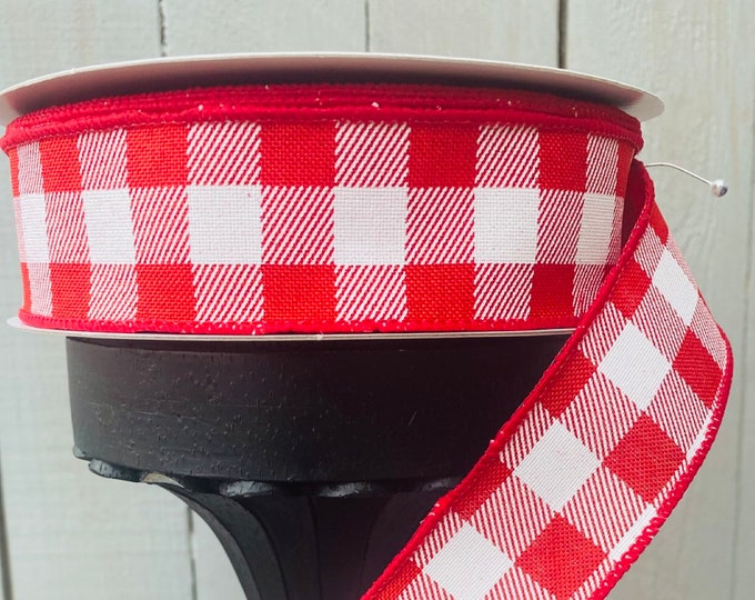 Red Gingham ribbon 1.5” Gingham ribbon, Wired Ribbon, Farmhouse Ribbon, white and red ribbon, Wreath Supplies