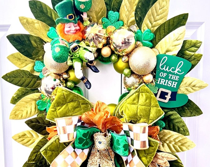 Featured listing image: St Patricks Day Wreath, Irish wreath, Irish Swag, Irish Luck, Green ornament wreath, st paddys day, Irish clover wreath, Luck of the Irish