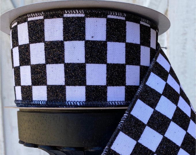Checkered glittered Ribbon, Designer Wired Ribbon, 2.5” white and black ribbon, black and white checkered ribbon, Farrisilk Ribbon
