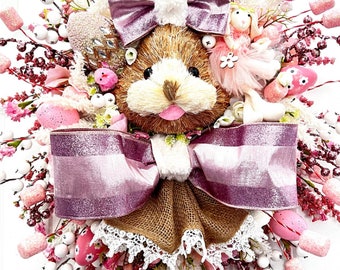 Easter Bunny Wreath, Spring Bunnies Wreaths, pink easter swag, pink wreaths for front doors, holiday wreaths with baubles