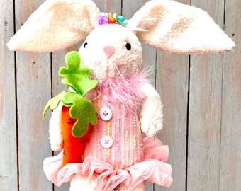 Easter spring pink bunny, spring pink bunny, bunny with carrot, pink tutu bunny