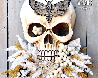 Halloween Wreath, moth man wreath, Skull Wall Decor, Skull Decoration, Skull Wreath, Skull wall decorations, Boho Decor Skull Art