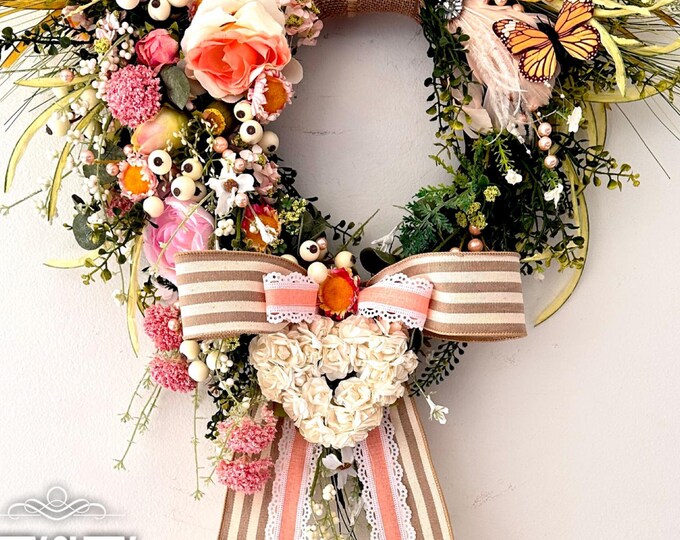 Heart Front Door Wreath, Door Wreath, Farmhouse Heart Wreath, Farmhouse Door Decor Heart Wreath, Spring Door hanger, Everyday Wreath