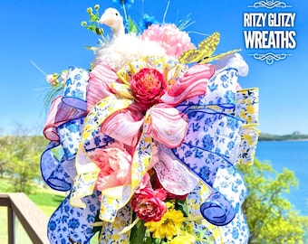 Floral swag with big bow,  lantern swag, Mothers Day wreath, Mothers Day gift, Spring Lantern Swag, summer swag