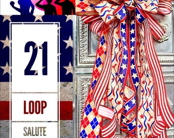 Patriotic Bow, Americana Bow, USA Bow: 21 Loop Salute Bow, Stars  and Stripes Door Decor, American Flag Decor