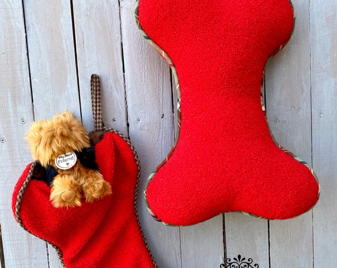 Pet bone stocking and bone pillow, red bone pillow, red bone Christmas stocking, D, Stevens