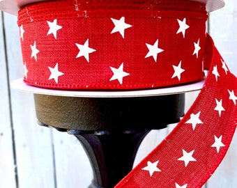 Ribbon, 10 yards ribbon, American Patriotic ribbon, Red linen star ribbon, star ribbon, holiday ribbon, Luxury Ribbon, Wreath Supplies