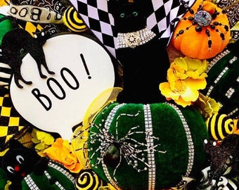 Halloween Cat wreath, Black Cat Wreath,  Halloween Door Wreath, Halloween Front Door Wreath, Halloween, Halloween Wreaths, Flocked Cat Decor
