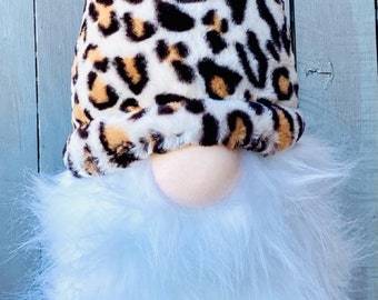 Leopard winter gnome for Christmas,  Cheetah Gnome, shelf sitter faux fur gnome, large bearded gnome, big holiday gnome, shelf sitter gnome