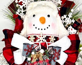 Snowman Wreath by Ritzy Glitzy Wreaths for front door, Snowman Door Decor, Buffalo Check Snowman, Farmhouse Holiday Swags for Christmas