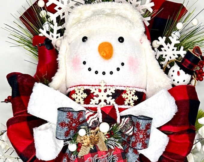 Snowman Wreath by Ritzy Glitzy Wreaths for front door, Snowman Door Decor, Buffalo Check Snowman, Farmhouse Holiday Swags for Christmas