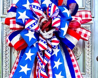 Patriotic Bow, 4th of July Bow, Stars and Stripes Bow, American Flag Bow, Summer Bow, wreath bow, Lantern Bow, Patriotic Wreath Bow