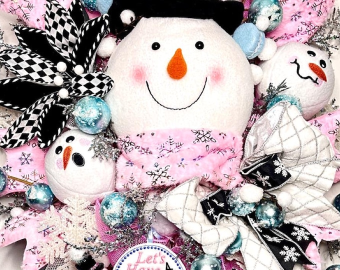 Pink Snowman Snowball Wreath for Christmas, Snowman Winter Swag, Pink Front Door Wreath, whimsical Fun Wreath