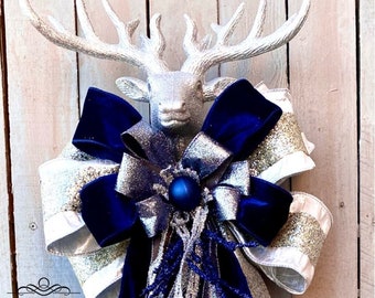 Blue deer Bow, midnight blue bow, midnight blue wreath, midnight blue silver deer