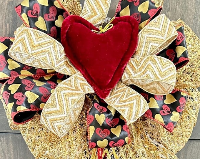 Gold Valentines Bow, Heart Bow, Valentine Bow, Wreath Bows, Love Bows, Anniversary Bows, Big Bows, Wedding Bows.