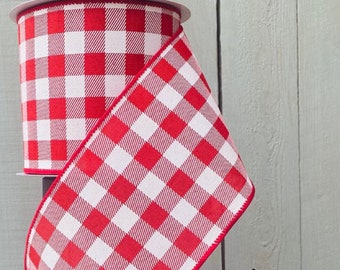 Red Gingham ribbon 4”, Gingham ribbon, Wired Ribbon, Farmhouse Ribbon, white and red ribbon, Wreath Supplies