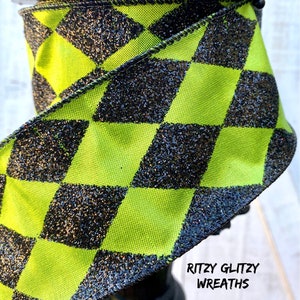 Lime Green Harlequin Wired Ribbon: 2.5&quot; Designer Farrisilk Ribbon
