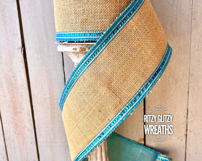 Rhinestone Turquoise Ribbon, 4” jute Ribbon, Luxury Ribbon, Wreath Supplies, turquoise rhinestone ribbon, jeweled ribbon, Farrisilk Ribbon