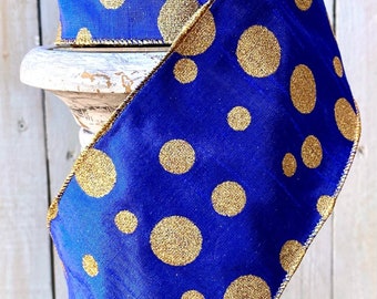 D Stevens Faux Dupion Cobalt royal Blue witH gold polka dots, blue ribbon, polka dot ribbon, 4” glitter Luxury Ribbon, Wreath Supplies