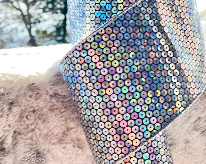Silver Metallic Ribbon, wired Metallic silver ribbon, Hologram ribbon by Ritzy Glitzy Wreaths Silver ribbon
