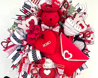 Teddy Bear Wreath, Valentines Teddy Bear Wreath, Bear Wreath, Valentines Day Gift, Valentines Day Door Wreath, Valentines Door Decor