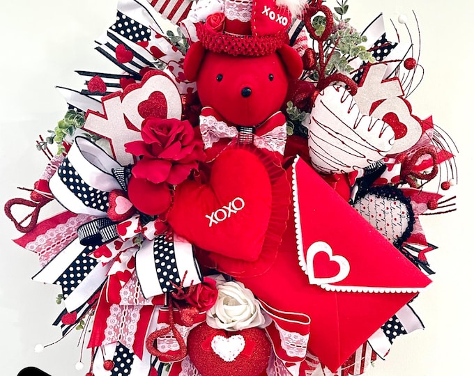 Teddy Bear Wreath, Valentines Teddy Bear Wreath, Bear Wreath, Valentines Day Gift, Valentines Day Door Wreath, Valentines Door Decor