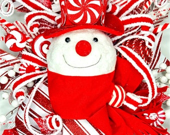Snowman Wreath for Christmas | Winter Door Wreath | Christmas Snowman Wreath | Snowman Peppermint Christmas Swag | Holiday Door baubles |