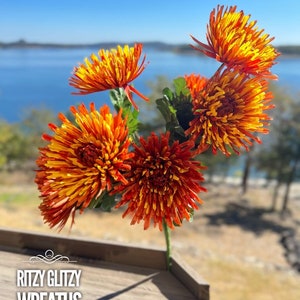 Mums, faux orange yellow mums, large mums, fall floral mums, Ritzy Glitzy Wreaths on the Lake, Autumn Mums, Autumn orange yellow mums