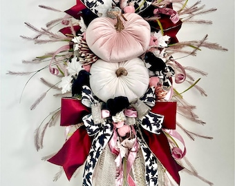 Autumn Pink Swag for Fall | Pink and Black Crow Wreath for Fall | Velvet Pumpkins Swag | Front Door Swag for Fall | Fall Pink Swag