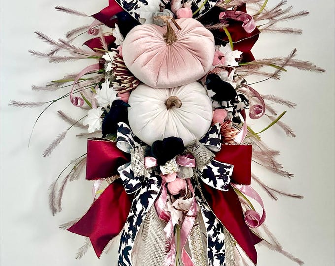 Autumn Pink Swag for Fall | Pink and Black Crow Wreath for Fall | Velvet Pumpkins Swag | Front Door Swag for Fall | Fall Pink Swag