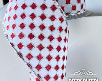 Framed Checks Ribbon, 4” Red check ribbon, wired red check ribbon, Farrisilk Ribbon, Designer Ribbon