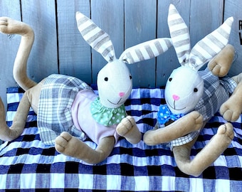 Linen Plush Easter Bunnies: Plaid Outfit Spring Decor