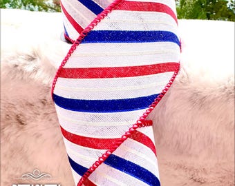 Patriotic Glitter Wave Ribbon: Red, White, and Blue Linen - 2.5" x 10 Yards
