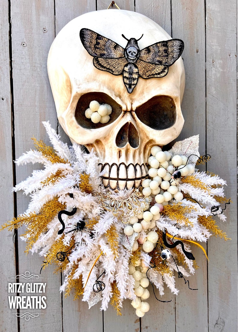 Halloween Skull Wreath, moth man wreath, Bad Boy Skull wall art, skull art, Fall skull Decoration, Skeleton Wreath, Skeleton Swag image 10