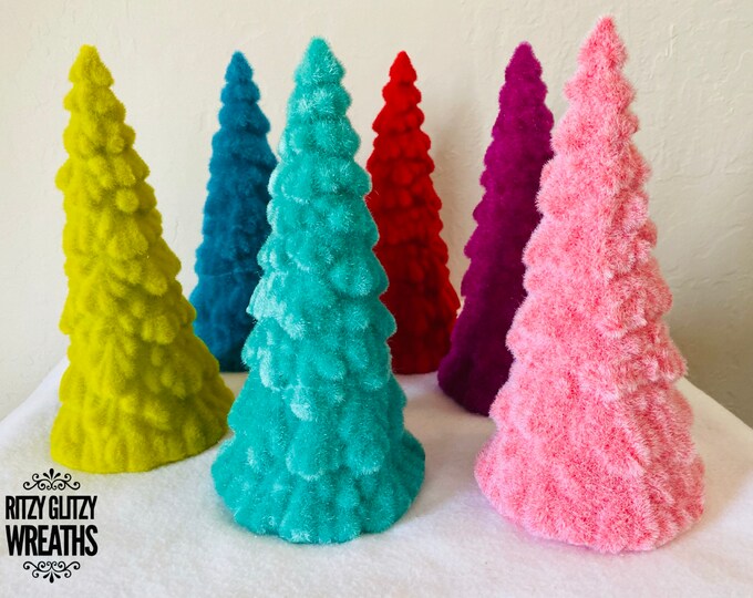 Flocked trees, pink trees, mint trees, blue trees, lime trees, red trees, teal trees, fuscia trees, flocked decor