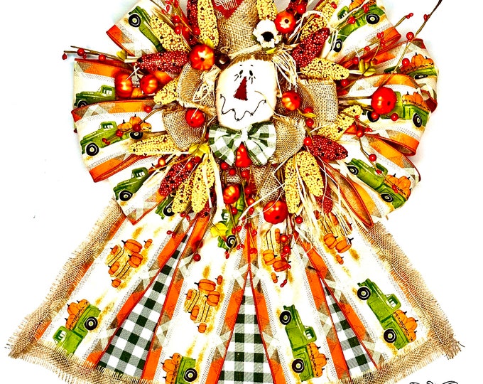 Scarecrow Bow, Fall Scarecrow Skirt Bow, Autumn Scarecrow Bow, harvest scarecrow bow by Ritzy Glitzy Wreaths