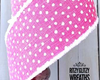 Farrisilk Ribbon, pink dot ribbon, pink ribbon, pink ribbon, polka dot Linen Ribbon, Wreath Supplies, 4” ribbon, chenille edge ribbon