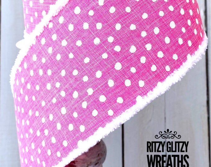 Farrisilk Ribbon, pink dot ribbon, pink ribbon, pink ribbon, polka dot Linen Ribbon, Wreath Supplies, 4” ribbon, chenille edge ribbon