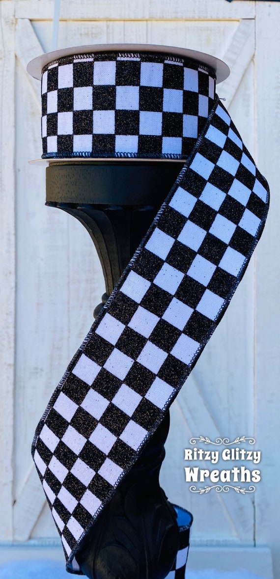 【COLOR iN ID】Ribbon Flat Stiletto Checkered Glittered Ribbon, Designer Wired Ribbon, 2.5