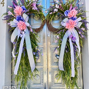 Double Door Wreaths, Country Cottage Wreaths,Mother's Day Swags, Spring Wreath, Everyday Wreath, Door Decor, Purple Butterfly Floral Wreaths